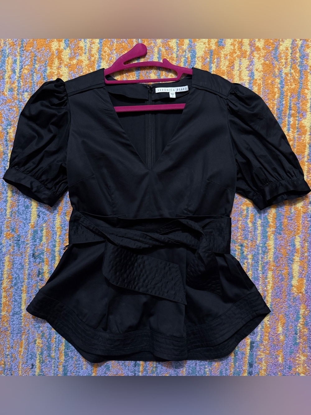 Veronica Beard Aslan Black V-Neck Puff-Sleeve Peplum Top w/ Self-Tie Belt-Size 4